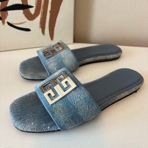 Givenchy 4G Denim Flat Slip On Sandals‎ Light Blue Distressed Size 36